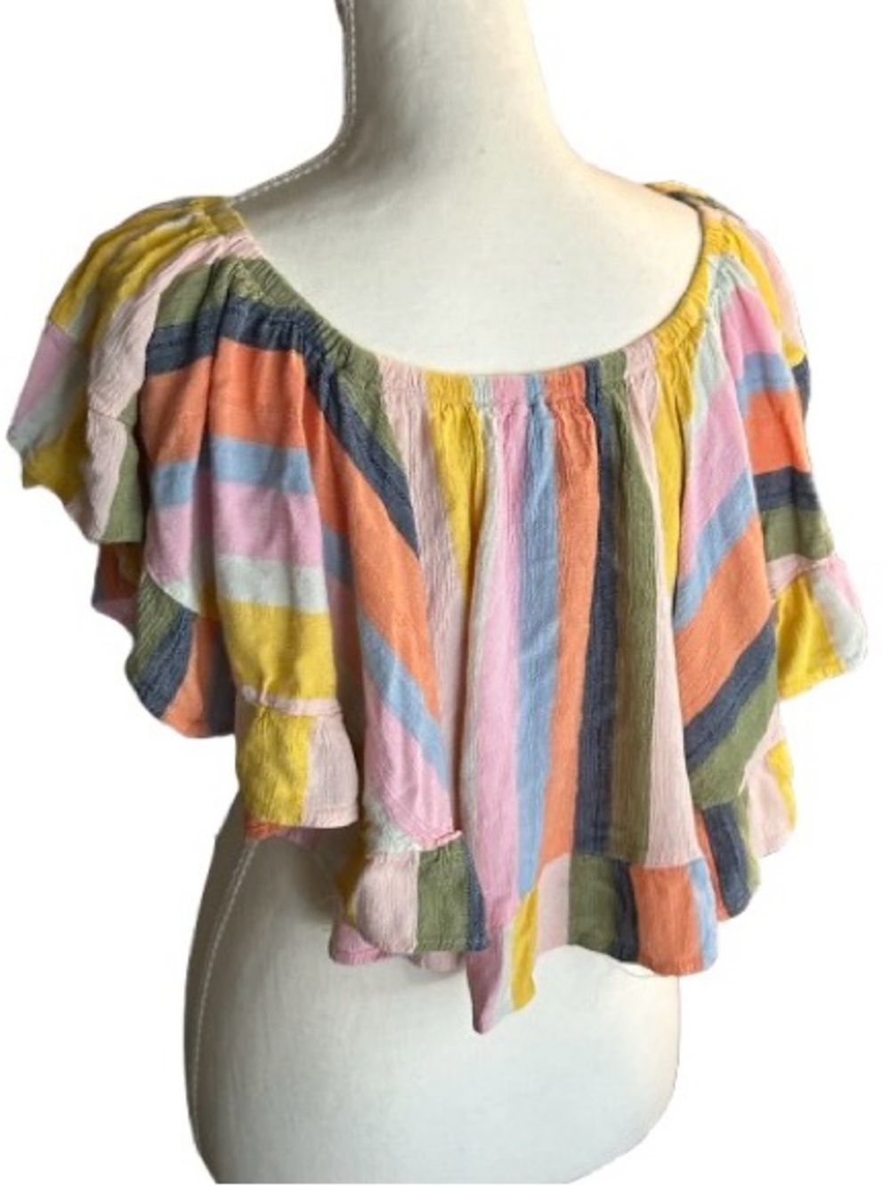 Crop Angie Pastel Rainbow StripeTop Shirt Large Boho Cropped Ruffle Beach Beachy - Picture 7 of 11